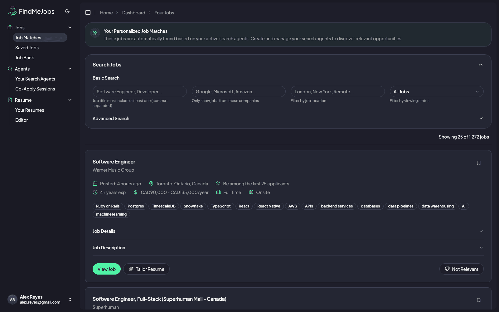 FindMeJobs dashboard showing a Software Engineer role at Warner Music Group with AI-extracted details: 4+ years required experience, CAD 90–135K compensation, and skill tags including Ruby on Rails, Postgres, TypeScript, and React